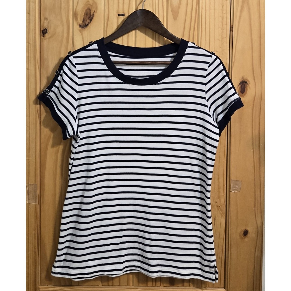 Kim Rogers Women's T Shirt Size LG‎ White Blue Stripe Button Detail Short Sleeve